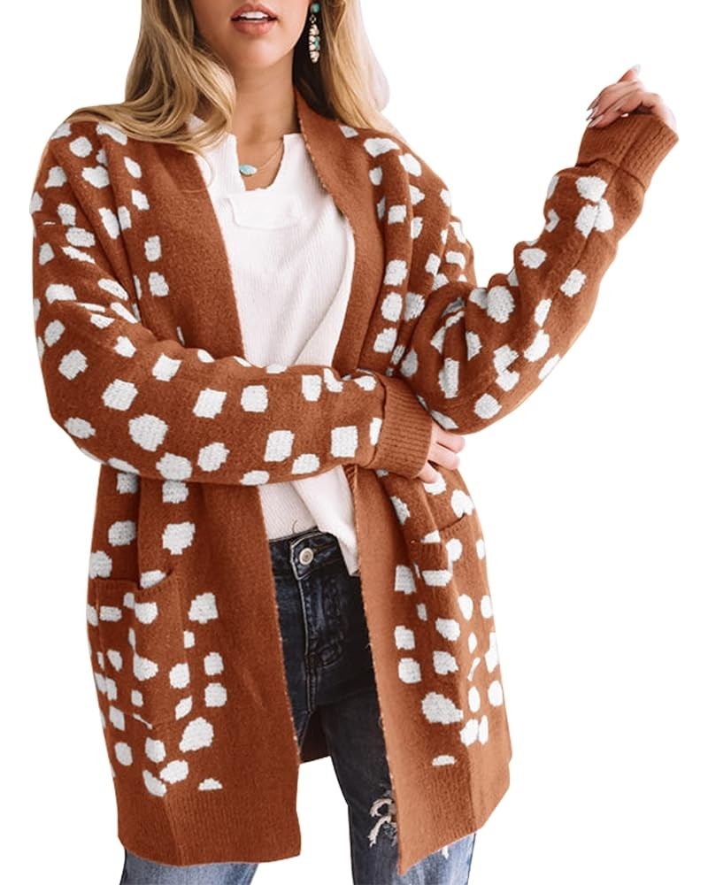 Women's 2024 Fall Winter Long Sleeves Open Front Leopard Print Knitted Sweater Cardigan Coat Outwear Red Brown $16.80 Sweaters