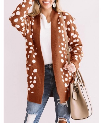 Women's 2024 Fall Winter Long Sleeves Open Front Leopard Print Knitted Sweater Cardigan Coat Outwear Red Brown $16.80 Sweaters