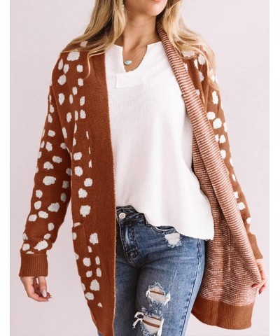 Women's 2024 Fall Winter Long Sleeves Open Front Leopard Print Knitted Sweater Cardigan Coat Outwear Red Brown $16.80 Sweaters