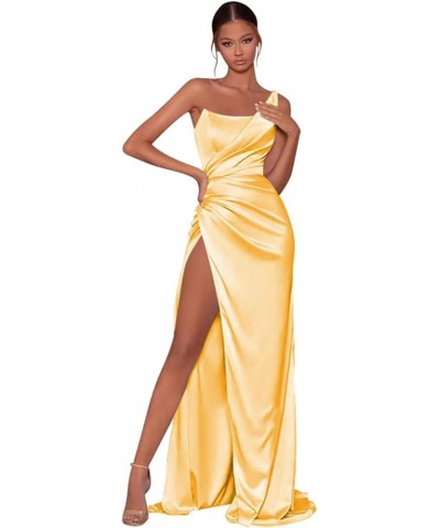 One Shoulder Prom Dresses with Slit for Women Long Pleated Satin Mermaid Evening Party Gowns Yellow $29.14 Dresses