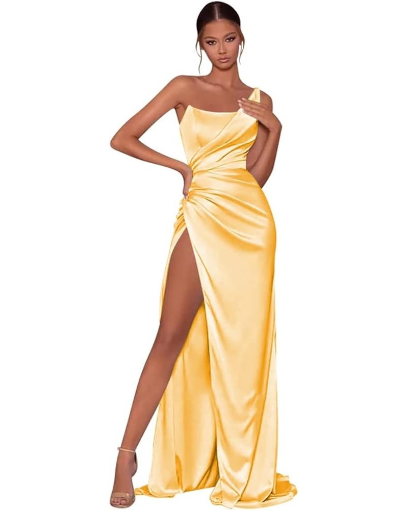 One Shoulder Prom Dresses with Slit for Women Long Pleated Satin Mermaid Evening Party Gowns Yellow $29.14 Dresses