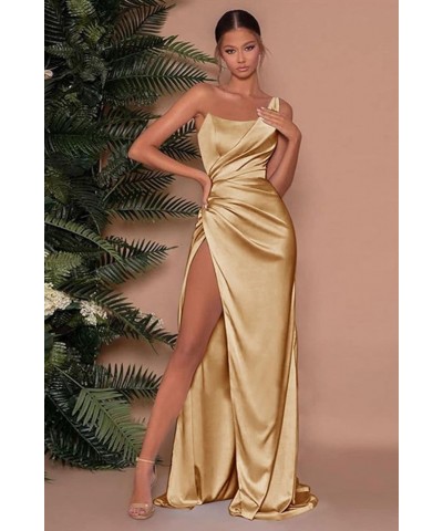 One Shoulder Prom Dresses with Slit for Women Long Pleated Satin Mermaid Evening Party Gowns Yellow $29.14 Dresses