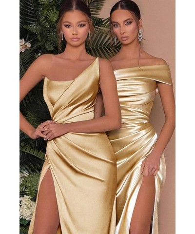 One Shoulder Prom Dresses with Slit for Women Long Pleated Satin Mermaid Evening Party Gowns Yellow $29.14 Dresses