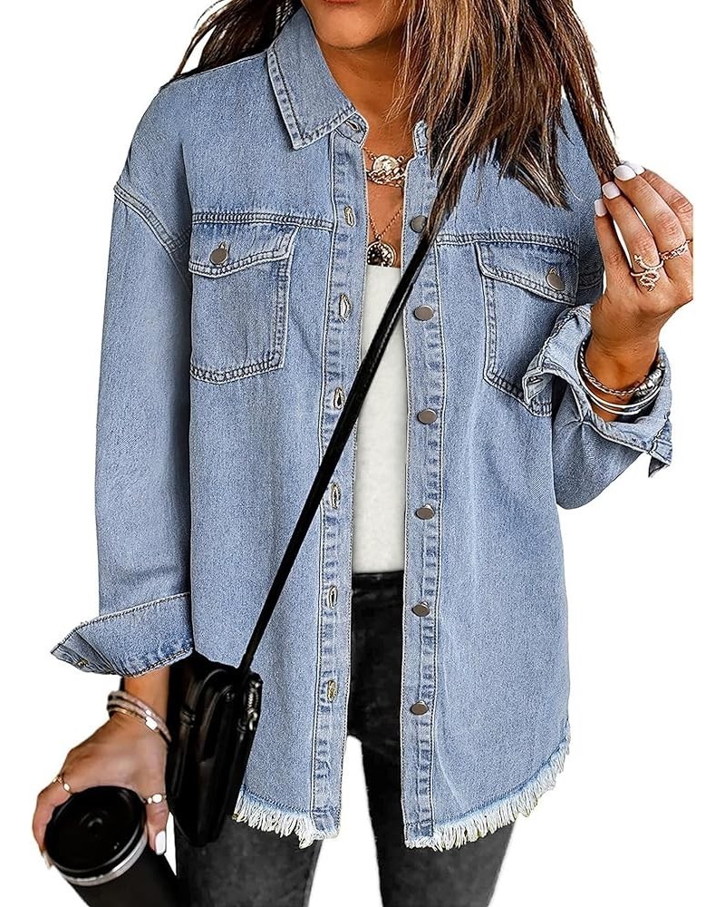 Denim Jacket for Women Oversized Button Down Casual Jean Shacket Jackets Long Sleeve Frayed Hem Western Trendy Thousand Ocean...