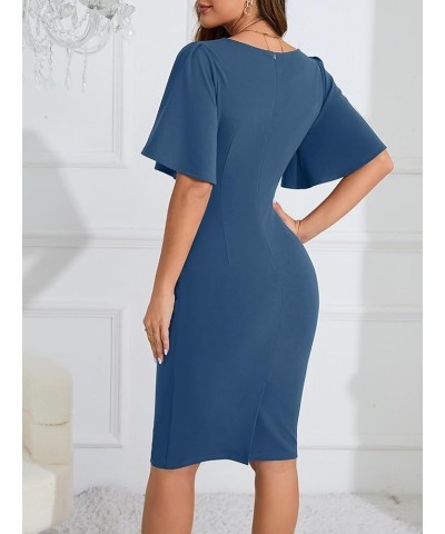 2024 Women's Vintage Ruffle Short Sleeve Ruched Bodycon Cocktail Party Work Dress Grey Blue $24.35 Dresses