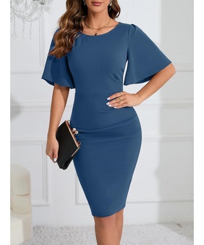 2024 Women's Vintage Ruffle Short Sleeve Ruched Bodycon Cocktail Party Work Dress Grey Blue $24.35 Dresses