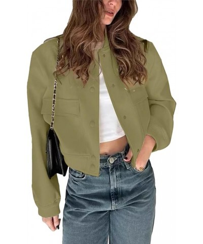 Womens Cropped Button Down Bomber Jacket Casual Varsity Jacket with Pockets Y2K Streetwear Green $9.43 Jackets