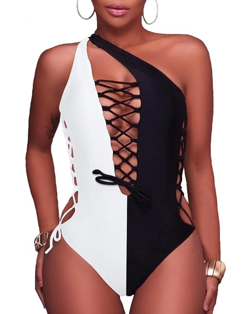 Women Sexy One Piece Swimsuit One Shoulder Bathing Suit Lace Up Swimwear Black White $20.29 Swimsuits