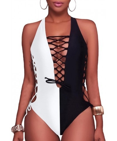 Women Sexy One Piece Swimsuit One Shoulder Bathing Suit Lace Up Swimwear Black White $20.29 Swimsuits