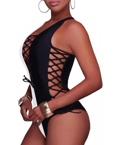 Women Sexy One Piece Swimsuit One Shoulder Bathing Suit Lace Up Swimwear Black White $20.29 Swimsuits