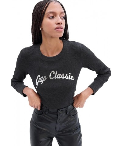 Women's Waffle Knit Long Sleeve Tee T-Shirt Silver Classic $10.56 T-Shirts