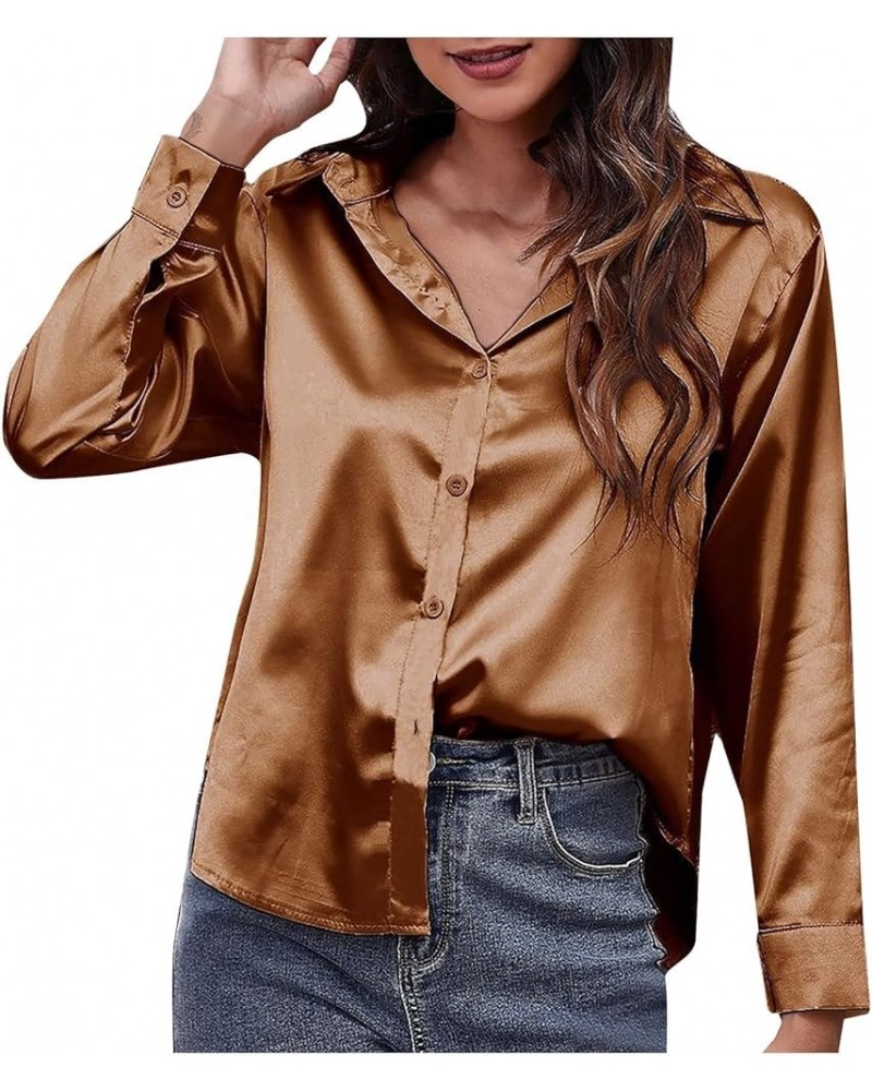 Satin Shirts for Women Dressy V Neck Button Down Long Sleeve Soild Color Blouses Elegant Spring Summer Fashion Tops Brown $9....