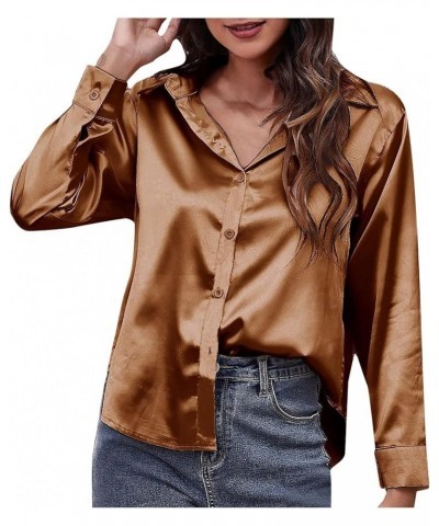 Satin Shirts for Women Dressy V Neck Button Down Long Sleeve Soild Color Blouses Elegant Spring Summer Fashion Tops Brown $9....