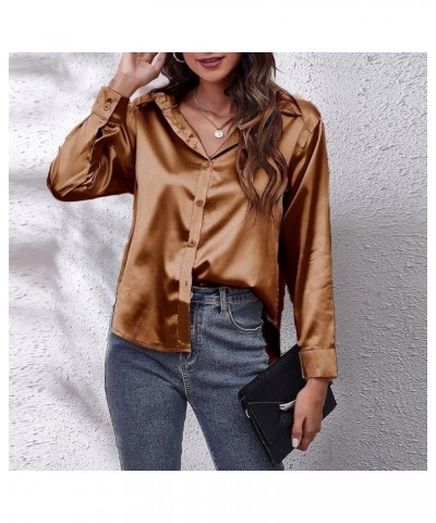 Satin Shirts for Women Dressy V Neck Button Down Long Sleeve Soild Color Blouses Elegant Spring Summer Fashion Tops Brown $9....