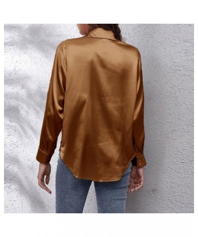 Satin Shirts for Women Dressy V Neck Button Down Long Sleeve Soild Color Blouses Elegant Spring Summer Fashion Tops Brown $9....