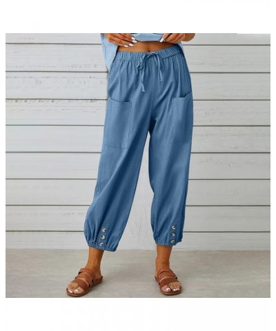 Linen Pants Women Summer Plus Size Capris High Waisted Wide Leg Capri Pants Drawstring Pockets Cinch Bottom Trouser A03-blue ...