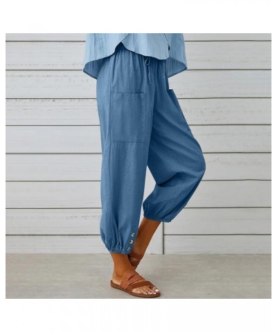 Linen Pants Women Summer Plus Size Capris High Waisted Wide Leg Capri Pants Drawstring Pockets Cinch Bottom Trouser A03-blue ...