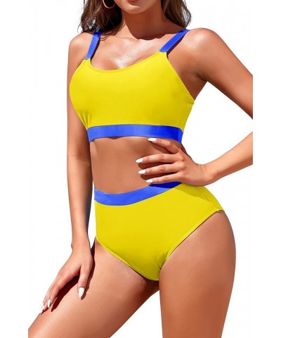 Womens High Waisted Bikini Sets Sporty Crop Top Color Block Swimwear Bandeau Scoop Neck Vintage Two Piece Bathing Suits Yello...