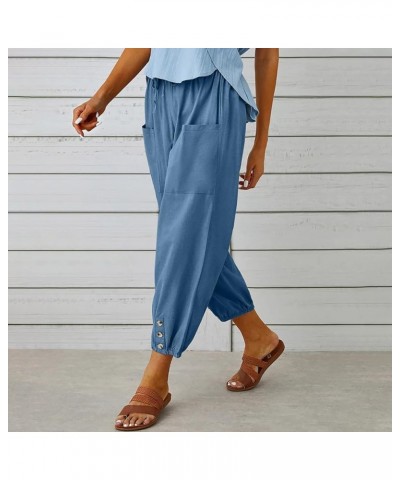 Linen Pants Women Summer Plus Size Capris High Waisted Wide Leg Capri Pants Drawstring Pockets Cinch Bottom Trouser A03-blue ...