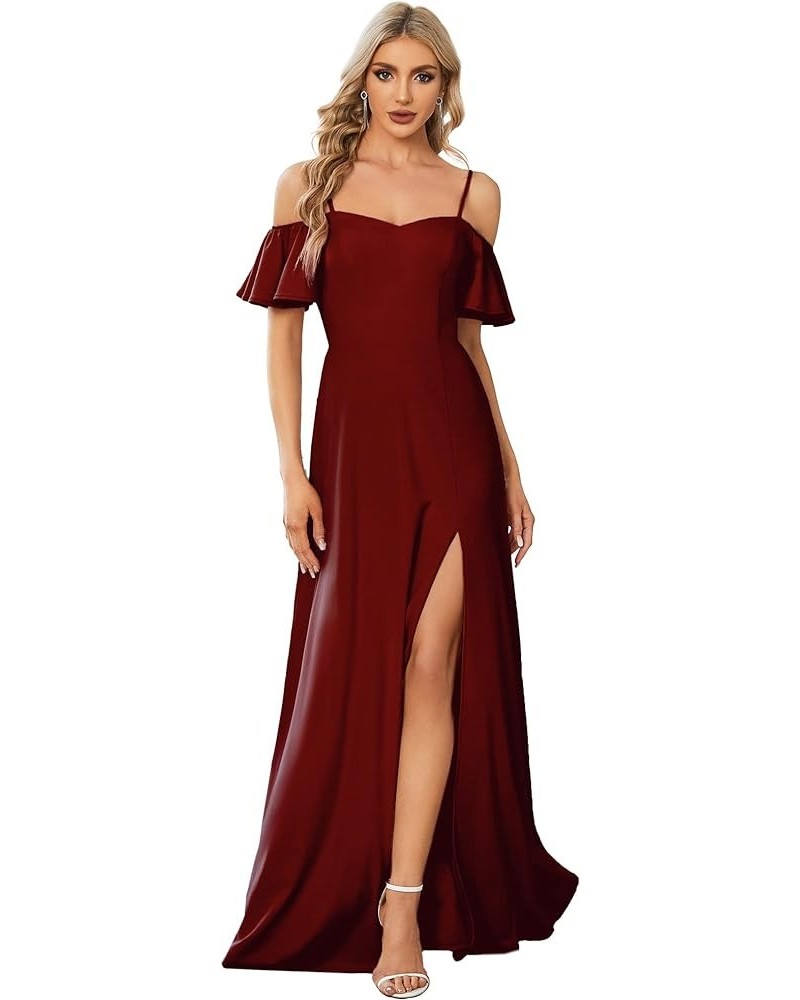 Women's Off-Shoulder A-line Side Slit Knitted Bridesmaid Dress with Sleeves 00072 Burgundy $25.00 Dresses