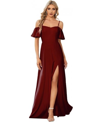 Women's Off-Shoulder A-line Side Slit Knitted Bridesmaid Dress with Sleeves 00072 Burgundy $25.00 Dresses