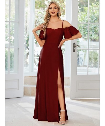 Women's Off-Shoulder A-line Side Slit Knitted Bridesmaid Dress with Sleeves 00072 Burgundy $25.00 Dresses