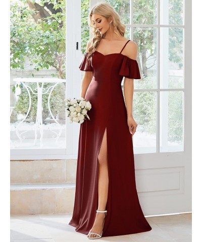 Women's Off-Shoulder A-line Side Slit Knitted Bridesmaid Dress with Sleeves 00072 Burgundy $25.00 Dresses