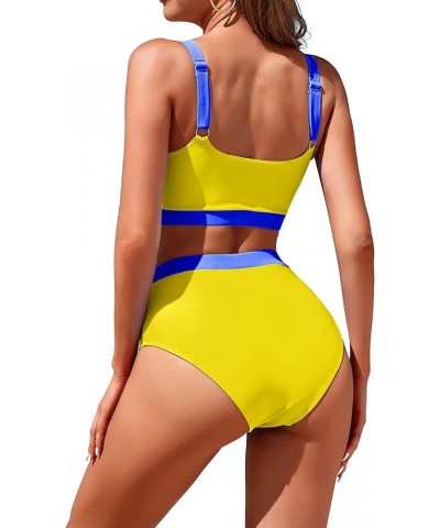 Womens High Waisted Bikini Sets Sporty Crop Top Color Block Swimwear Bandeau Scoop Neck Vintage Two Piece Bathing Suits Yello...