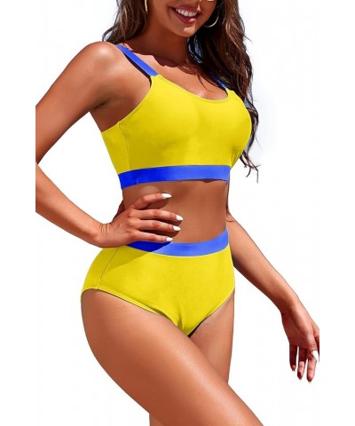 Womens High Waisted Bikini Sets Sporty Crop Top Color Block Swimwear Bandeau Scoop Neck Vintage Two Piece Bathing Suits Yello...