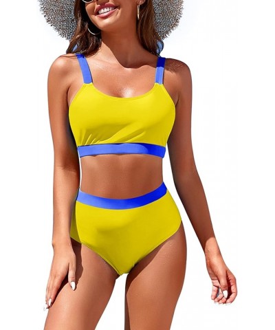 Womens High Waisted Bikini Sets Sporty Crop Top Color Block Swimwear Bandeau Scoop Neck Vintage Two Piece Bathing Suits Yello...