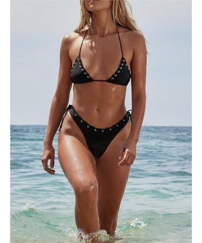 Women 2 Pieces Bikini Swimsuit Spaghetti Strap Top Tie Side Triangle G-Thong Bathing Suit Swimwear G-black $13.10 Swimsuits