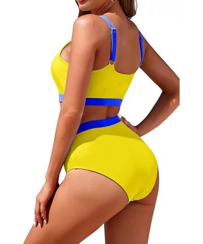 Womens High Waisted Bikini Sets Sporty Crop Top Color Block Swimwear Bandeau Scoop Neck Vintage Two Piece Bathing Suits Yello...