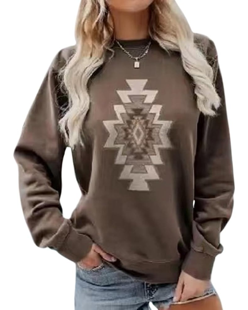 Western Sweatshirts for Women Aztec Pullover Long Sleeve Crewneck Geometric Crewneck Sweatshirt Aztec Dark Brown $17.59 Hoodi...