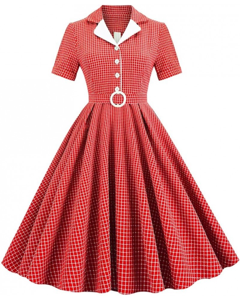 Women 1950s Vintage Shirt Dress 40s 50s Cape Collar A-line Swing Office Work Party Tea Dresses Red Checks $14.31 Dresses