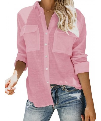 Womens Button Down V Neck Shirts Long Sleeve Blouse Roll Up Cuffed Sleeve Casual Work Plain Tops with Pockets Pink $15.29 Blo...