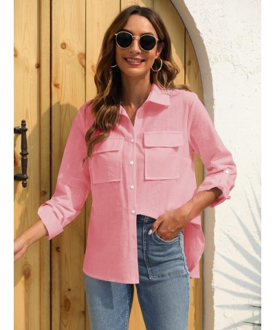 Womens Button Down V Neck Shirts Long Sleeve Blouse Roll Up Cuffed Sleeve Casual Work Plain Tops with Pockets Pink $15.29 Blo...