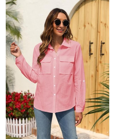 Womens Button Down V Neck Shirts Long Sleeve Blouse Roll Up Cuffed Sleeve Casual Work Plain Tops with Pockets Pink $15.29 Blo...