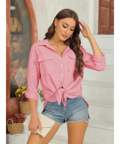 Womens Button Down V Neck Shirts Long Sleeve Blouse Roll Up Cuffed Sleeve Casual Work Plain Tops with Pockets Pink $15.29 Blo...