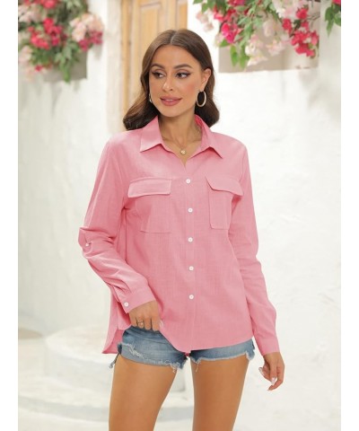 Womens Button Down V Neck Shirts Long Sleeve Blouse Roll Up Cuffed Sleeve Casual Work Plain Tops with Pockets Pink $15.29 Blo...