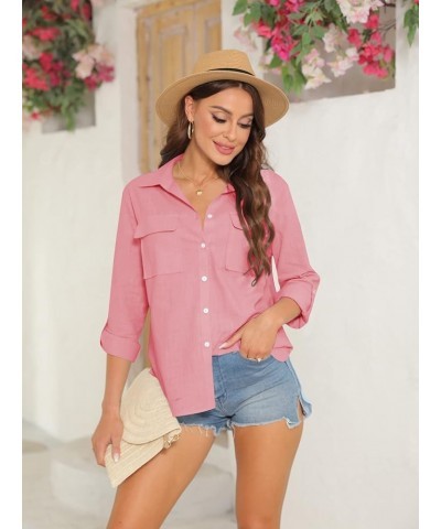 Womens Button Down V Neck Shirts Long Sleeve Blouse Roll Up Cuffed Sleeve Casual Work Plain Tops with Pockets Pink $15.29 Blo...