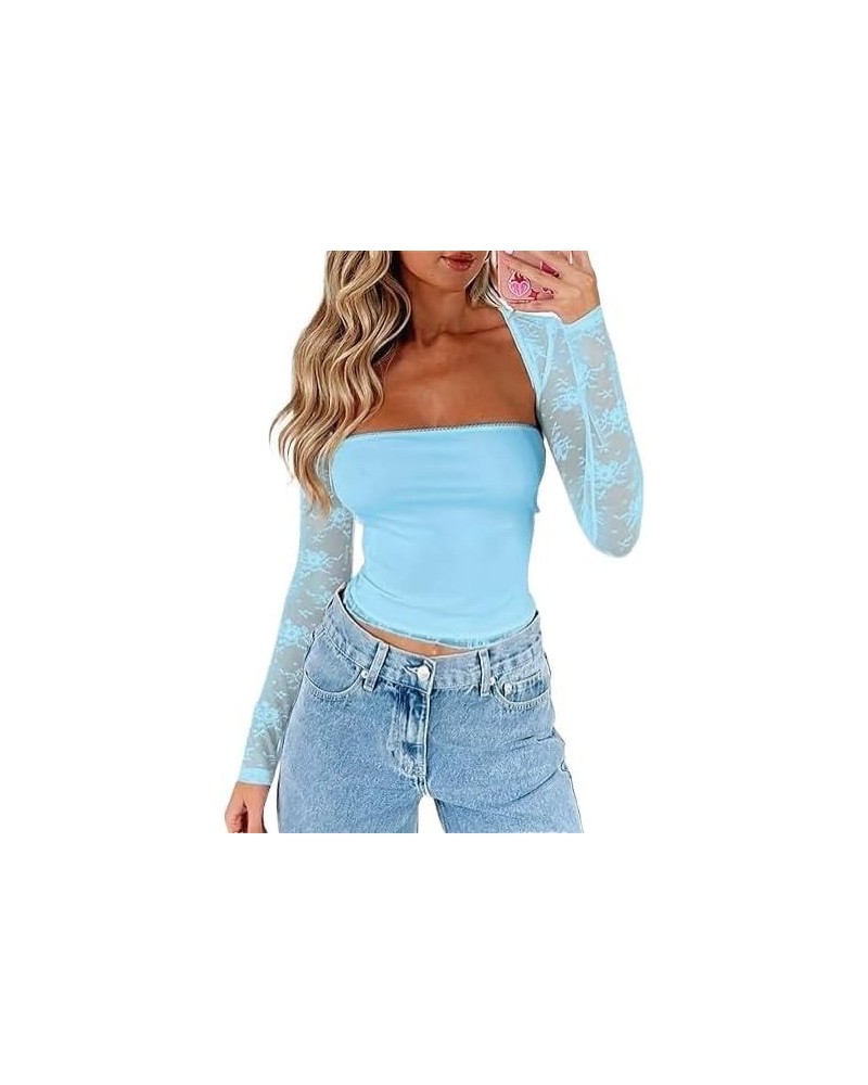 Women's Y2k Floral Lace Crop Top Sheer Square Neck Long Sleeve Shirt See Through Slim Fit Sexy Blouse Streetwear Lace Blue $7...