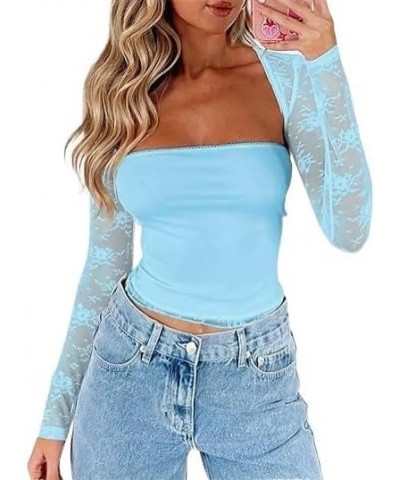 Women's Y2k Floral Lace Crop Top Sheer Square Neck Long Sleeve Shirt See Through Slim Fit Sexy Blouse Streetwear Lace Blue $7...