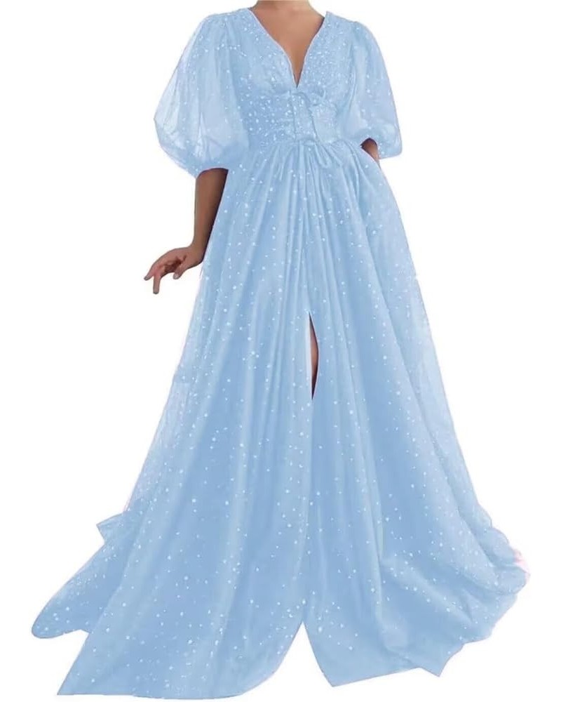 Women's Sparkle Starry Tulle Prom Dress Formal Puffy Sleeve Party Gown with Slit A-sky Blue $29.49 Dresses