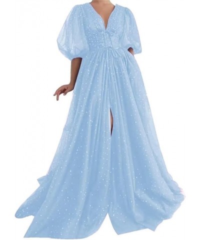 Women's Sparkle Starry Tulle Prom Dress Formal Puffy Sleeve Party Gown with Slit A-sky Blue $29.49 Dresses