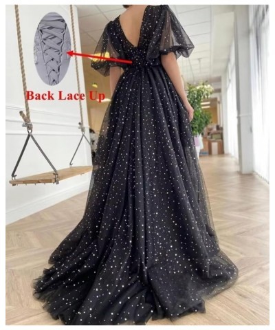 Women's Sparkle Starry Tulle Prom Dress Formal Puffy Sleeve Party Gown with Slit A-sky Blue $29.49 Dresses