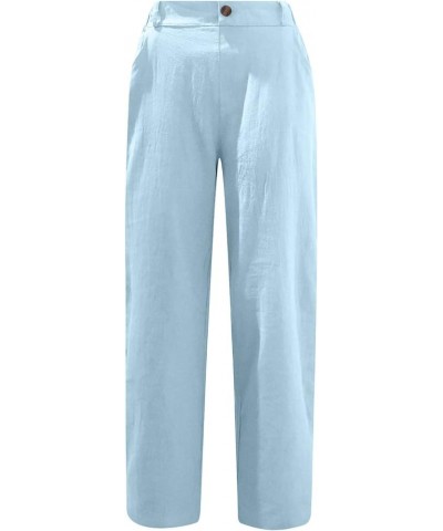 Capri Pants for Women Casual 2023 Summer Drawstring Elastic High Waist Linen Pant Straight Wide Leg Cropped Trouser H05-sky B...