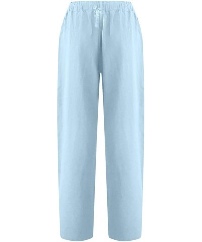 Capri Pants for Women Casual 2023 Summer Drawstring Elastic High Waist Linen Pant Straight Wide Leg Cropped Trouser H05-sky B...