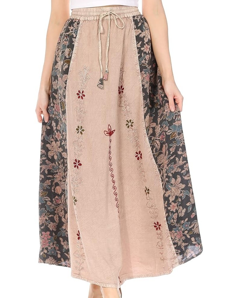 Maran Women's Boho Embroidery Skirt with Lace Elastic Waist and Pockets Beige $22.94 Skirts