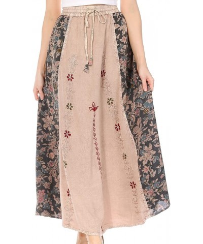 Maran Women's Boho Embroidery Skirt with Lace Elastic Waist and Pockets Beige $22.94 Skirts