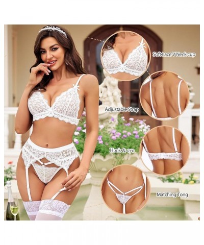 Women Garter Lingerie Set 3 Piece Lace Bra and Panty Set with Garter Blet Sexy Bralette Set White $12.03 Lingerie